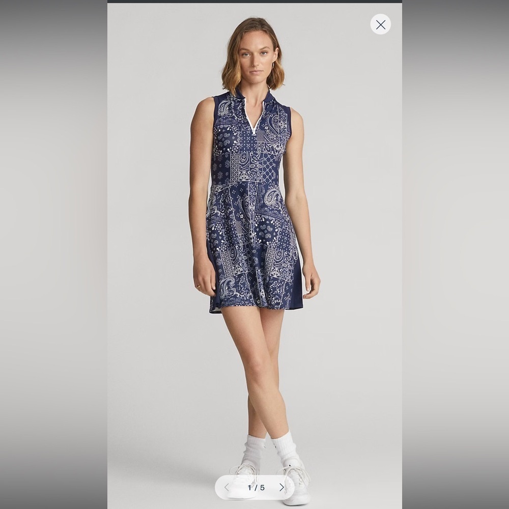 Ralph Lauren RLX Golf Blue Bandana Printed Athleisure Fit & Flare Jersey Dress L